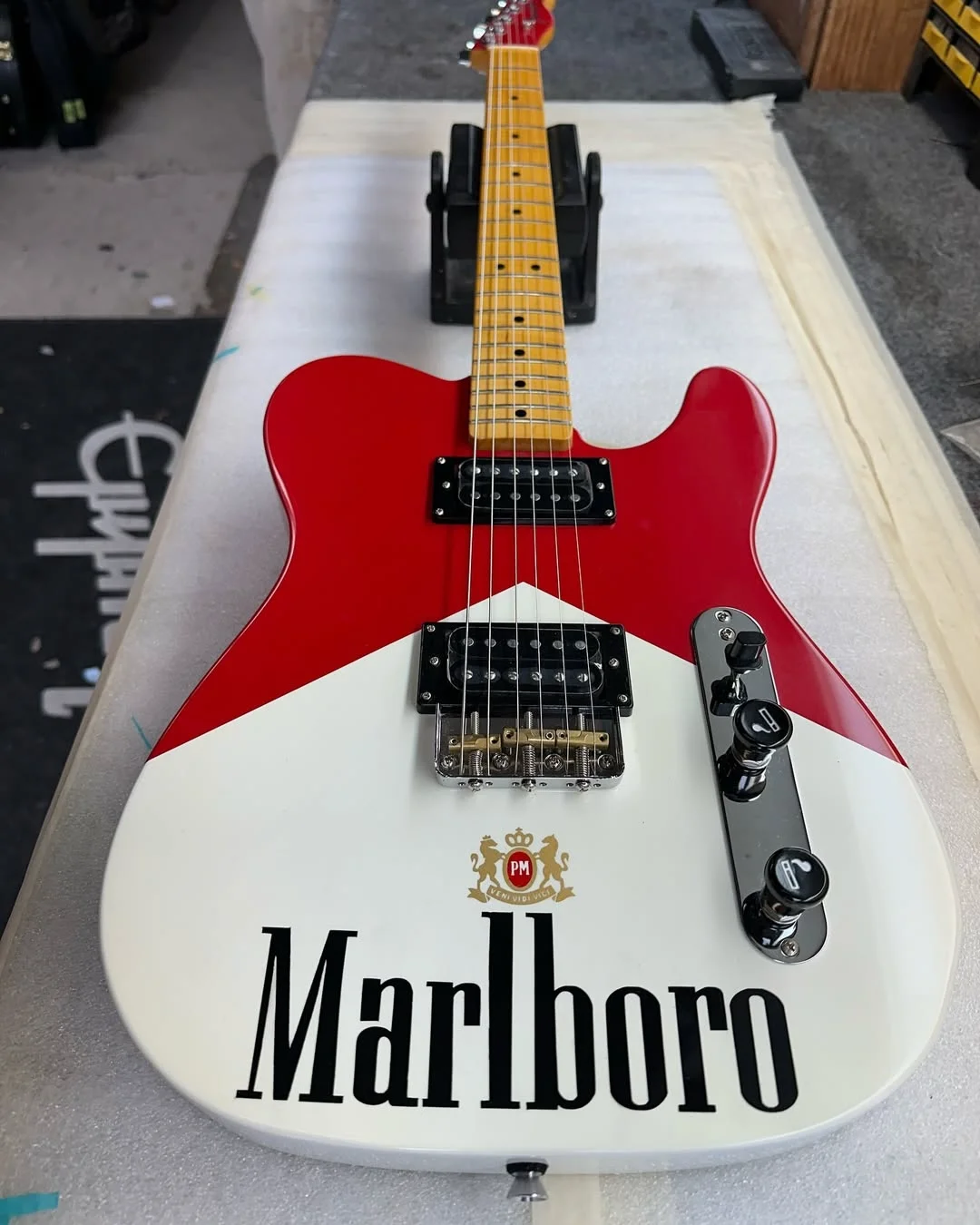 Bravo Custom Build - “Marlboro” Fender Telecaster. Olympic White base with a Marlboro Racing ...webp