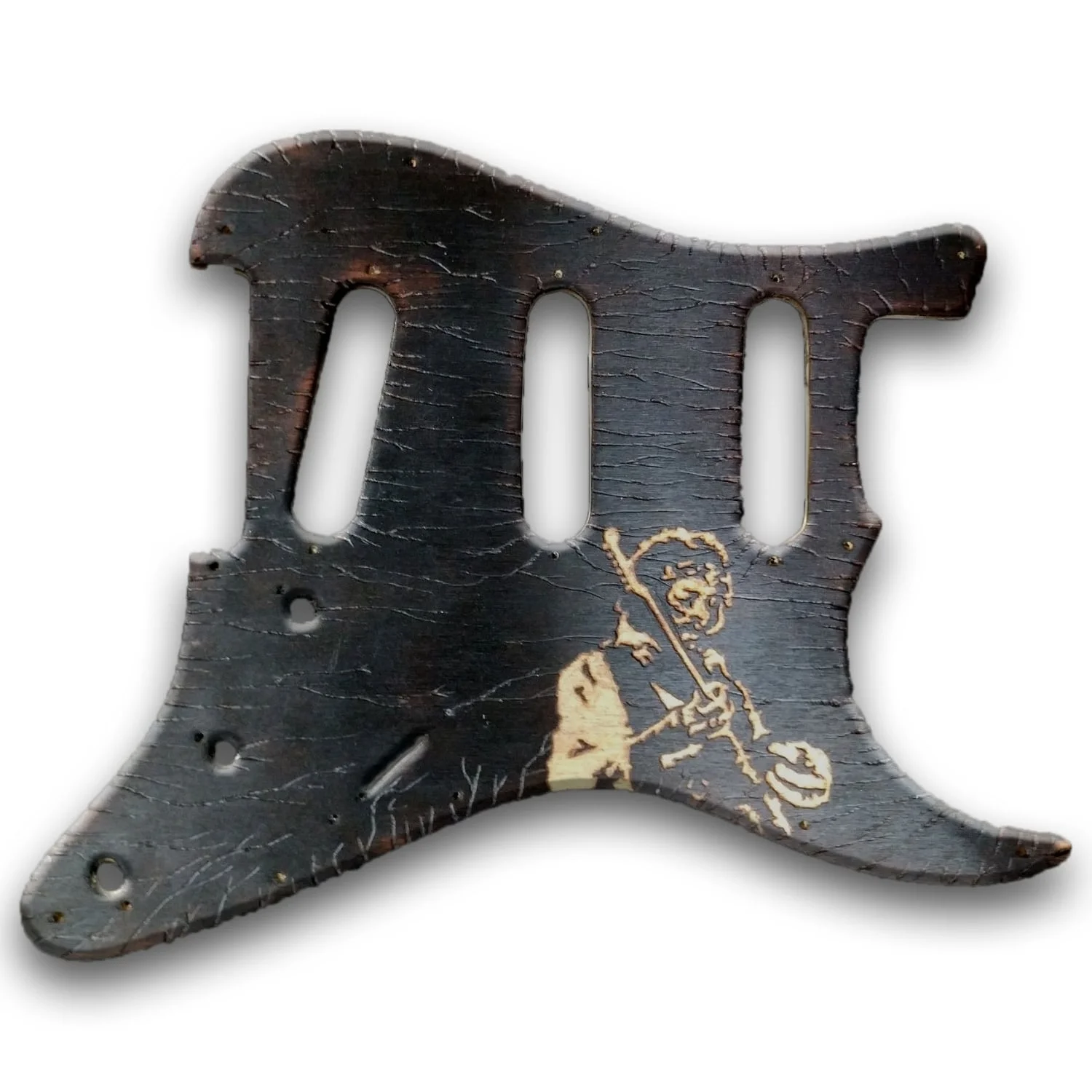 Yaptığım ilk pickguard. Önce pürmüzle komple yakıp sonra üstüne gravür makinesiyle Jimi Hendrix'in bir fotoğrafını kazıdım.